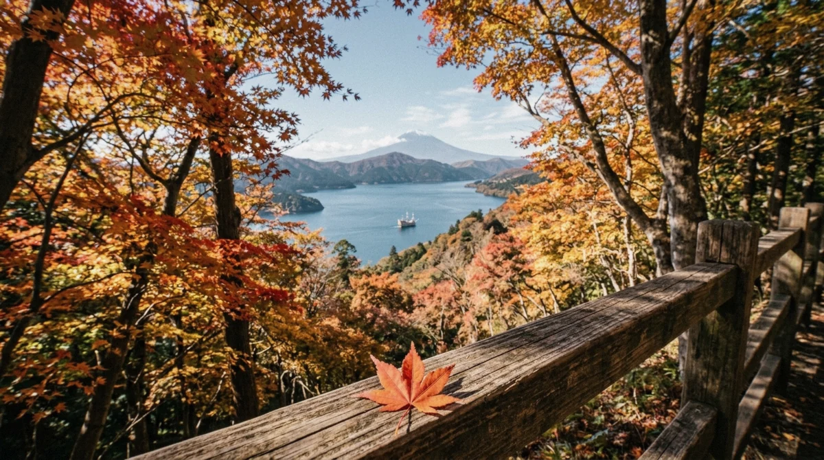 Autumn foliage on the Hakone caldera rim above Lake Ashi in the peak Hakone weather season for color