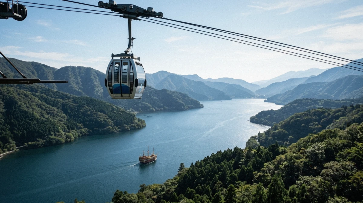 The Hakone Ropeway gondola climbing above the caldera on the hakone loop between Sounzan and Togendai