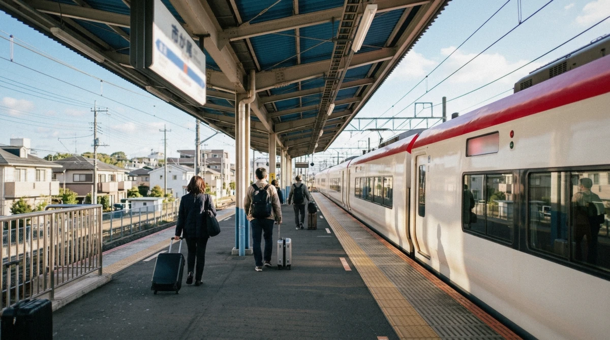 An Odakyu Romancecar train boarding at a Tokyo platform, the direct service travelers often mistake for a bullet train to Hakone