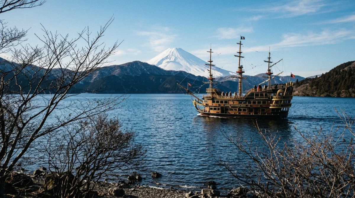 Clear autumn sky over Lake Ashi with Mount Fuji visible, illustrating the best Hakone weather for a lake cruise